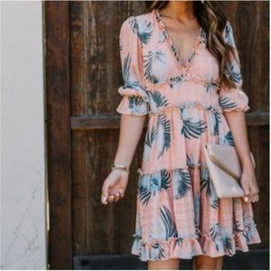 Vici Tropical Palm Print Deep V-Neck Open Back Cutout Tiered Mini Dress Sz S